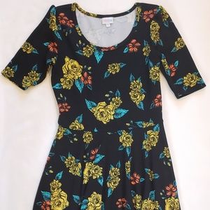 LulaRoe Nicole Black Yellow Floral Dress Large